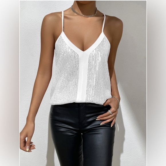 White  Sequin Cami Top - Picture 2 of 8